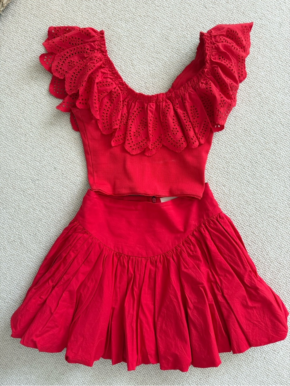 Loeffler Randall Red Ruffle Eyelet Top and Bubble Mini Skirt